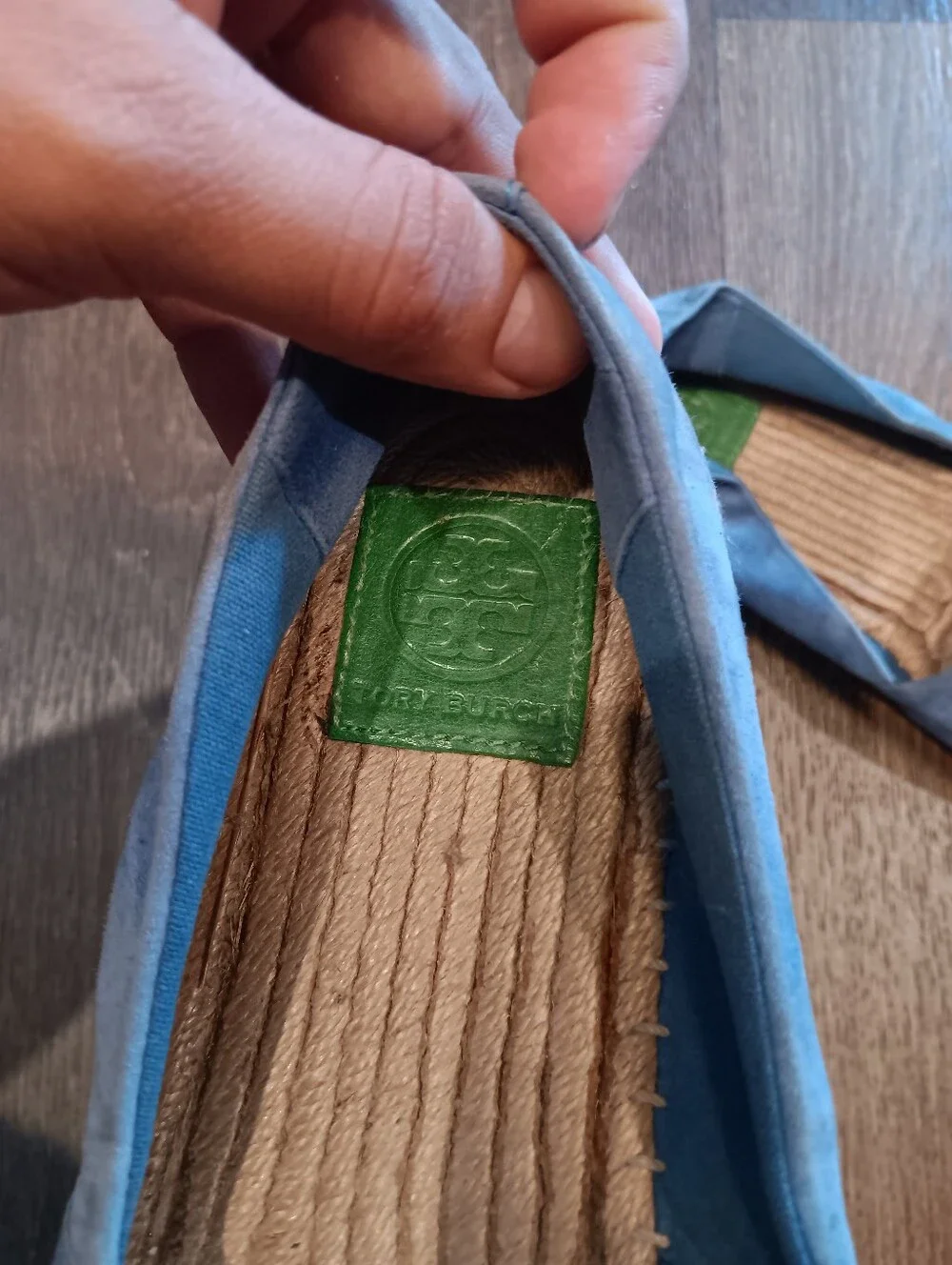 Tory Burch Light Blue Suede Espadrille with Green Leather Insole Patch